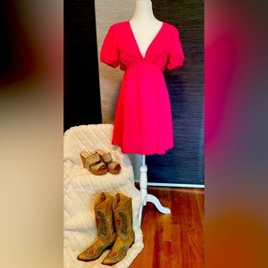 Hot Pink Puff Sleeve Mini A Line Swing Dress